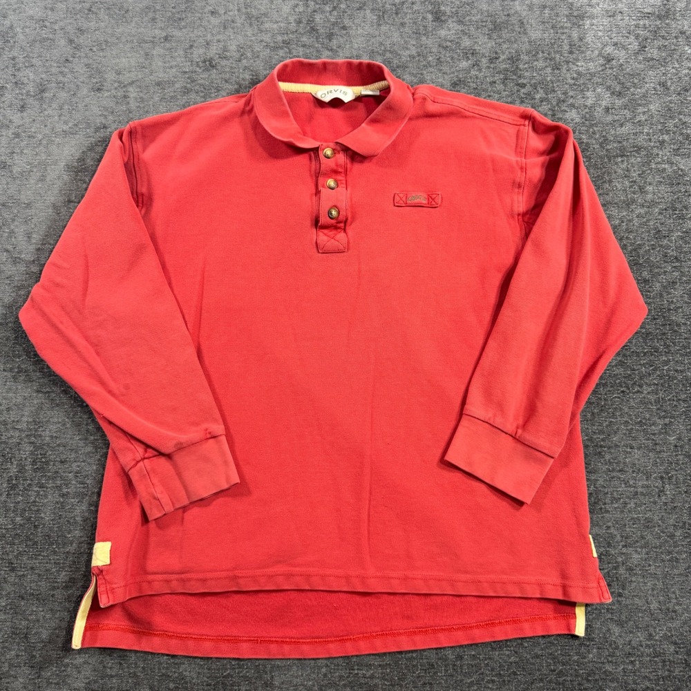 Orvis Mens Red Long Sleeve Polo Shirt Cotton Pique Outdoor Casual Size Large